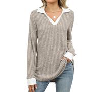 VEVESMUNDO Damen Strickpullover Langarm Strickpulli V Ausschnitt Oversized Lang Herbst Oberteile Rippstrick Pullover Gr.36 38 40 42 44 (Khaki, 2XL)