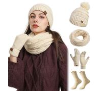 VEVESMUNDO Damen Wintermütze Loop Schal handschuhe Socken 4 Stück Winter Strickset Strickmütze mit Bommel Beige