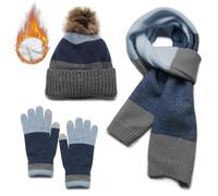 VEVESMUNDO Kinder Wintermütze Schal Handschuhe Set Pompom Strickmütze Beanie Schals Kleinkinder Mädchen Jungen für 8-15 Jahre(Grau und Blau)