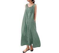 VEVESMUNDO Sommerkleid Damen Baumwolle Ärmelloses Casual Lockere Lässige Lang Kleider Strandkleid Leinenkleid Blusenkleid Freizeitkleid mit Taschen Gr 34 36 38 40 42 44 46 48 50 52(Grün,3XL)