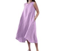VEVESMUNDO Sommerkleid Leinenkleid Damen Baumwolle Lockere Rundhals Midikleider Strandkleid Blusenkleid Freizeitkleid Ärmelloses Leinen Tank Kleider mit Taschen(Lila,S)
