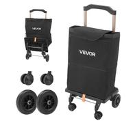 VEVOR Einkaufstrolley Faltbarer Einkaufswagen mit 75kg Tragkraft Schwarz, 40L Kapazität, Mit Kühlfach Teleskopgriff + 4 Rollen, Tasche Abnehmbar, 2-in-1 Einkaufsroller für Einkauf Camping Haushalt