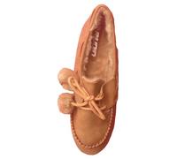 Vexcon Damen Slipper im klassischen College Style. Fell gefüttert, Fellbommel & Schnürer. Farbe Beige, Größe 38