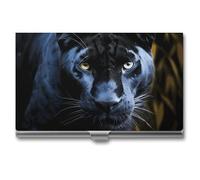 VFKLT Panther Visitenkartenetui mit blauen Augen, schmal, tragbar, Metall, Visitenkarten-Organizer, Kreditkarten-Geldbörse, Multi-Kartenetui für Männer und Frauen, Reisen, Büro, silber, Einheitsgröße,