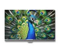 VFKLT Visitenkartenetui mit blauem Pfau, schmal, tragbar, Metall, Visitenkarten-Organizer, Kreditkartenetui, Multi-Kartenetui für Männer und Frauen, Reisen, Büro, Silber, Einheitsgröße, lässig,