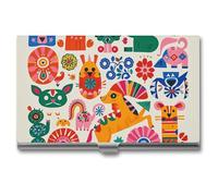 VFKLT Visitenkartenetui mit mexikanischen Otomi-Tieren, schlank, tragbar, Metall, Visitenkarten-Organizer, Kreditkartenetui, Multi-Kartenetui für Männer und Frauen, Reisen, Büro, Silber,