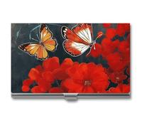 VFKLT Visitenkartenetui mit roten Blumen und Schmetterlingen, schmal, tragbar, Metall, Visitenkarten-Organizer, Kreditkartenetui, Multi-Kartenetui für Männer und Frauen, Reisen, Büro, Silber, 1 Stück,