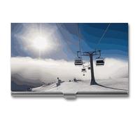 VFKLT Visitenkartenetui mit Skilift bei Sonnenschein, schmal, tragbar, Metall, Visitenkarten-Organizer, Kreditkartenetui, mehrere Kartenetui, für Männer und Frauen, Reisen, Büro, silber,