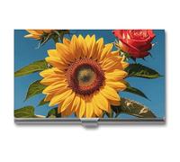 VFKLT Visitenkartenetui mit Sonnenblumen-Rose, schmal, tragbar, Metall, Visitenkarten-Organizer, Kreditkartenetui, Multi-Kartenetui für Männer und Frauen, Reisen, Büro, Silber, Einheitsgröße, lässig,