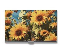 VFKLT Visitenkartenetui mit Sonnenblumen und Schmetterlingen, schmal, tragbar, Metall, Visitenkarten-Organizer, Kreditkartenetui, mehrere Kartenetuis für Männer und Frauen, Reisen, Büro, Silber, 1