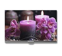 VFKLT Visitenkartenetui mit violetten Blumen und Kerzen, schmal, tragbar, Metall, Visitenkarten-Organizer, Kreditkartenetui, Multi-Kartenetui für Männer und Frauen, Reisen, Büro, silber,