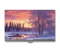 VFKLT Visitenkartenetui mit Winterlandschaft, schmal, tragbar, Metall, Visitenkartenetui, Visitenkarten-Organizer, Kreditkartenetui, Multi-Kartenetui für Männer und Frauen, Reisen, Büro, Silber,