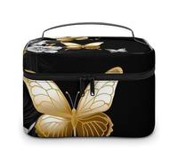 VFMKT Tragbare Kosmetiktasche mit Reißverschluss und goldenen und weißen Schmetterlingen für Damen, goldene und schwarze Schmetterlinge, 25 x 18 x 15 cm, weiße Schmetterlinge, Gold und Schwarz, 25 x