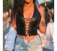 Vibsky Damen Korsett im Wetlook Lackleder, Schnürung, Gothic-Tankweste, Club, Ausgehen, Größe M, Schwarz