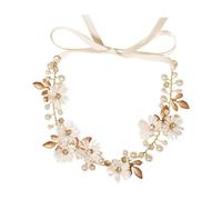 VICASKY Brautstirnband mit Perlen und Strass Blumen Haarreif für Hochzeit und Fest Goldfarbener Brautkopfschmuck Rutschfestes Haarband für Brautfrisur und Party