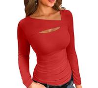 VICHYIE Frauenmodische Herbstkleidung. Einteilige Schnittmuster-Oben, langärmig, gerippt, schlank sitzende Hemden/T-Shirts,Rot,S