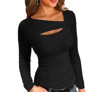 VICHYIE Frauenmodische Herbstkleidung. Einteilige Schnittmuster-Oben, langärmig, gerippt, schlank sitzende Hemden/T-Shirts,Schwarz,L