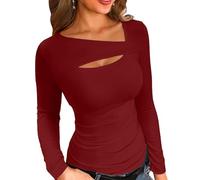 VICHYIE Frauenmodische Herbstkleidung. Einteilige Schnittmuster-Oben, langärmig, gerippt, schlank sitzende Hemden/T-Shirts,Weinrot,L