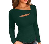 VICHYIE Frauenmodische Herbstkleidung. Einteilige Schnittmuster-Oben, langärmig, gerippt, schlank sitzende Hemden/T-Shirts,Dunkelgrün,M