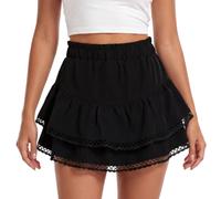 Vicloon Damen Spitze Minirock, Mini Rock Faltenrock Kurz Hohe Taille Skirt | Schwarz Mesh Rock Mit, Mehrlagiger Sexy Spitze Kurzer Rock mit Rüschen, Vielseitiger einfarbiger Kurzrock für Strand,Party