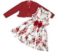 Vicloon Kleinkind Mädchen Kleid mit Strickjacke Set, Kleines Blumen ärmelloses Kleid und Rüschenmantel, 2Pcs Langarm Cardigan Outfit Set für Mädchen 5 Jahre, Rot