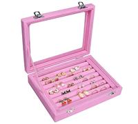Vicoter Ring-Organizer-Tablett mit 7 Fächern, Samt, Schmuck, Ohrring, Aufbewahrungsbox mit transparentem Deckel, Schmuckvitrine für Mädchen, Ehefrau, Mutter, Frauen (Rosa)