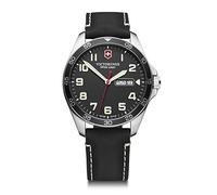 Victorinox Herren Armbanduhr Fieldforce Ø 42 mm, Swiss Made, Analog Quarz, Wasserdicht bis 100 m, Saphirglas, Leder-Armband, Schwarz