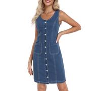 Vidifid Damen Jeanskleid, ärmellos, dehnbar, Rundhalsausschnitt, Vintage-Stil, Knopfleiste, Jeanskleider mit aufgesetzter Tasche, Blau, XX-Large