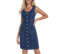 Vidifid Damen Jeanskleid, ärmellos, dehnbar, Rundhalsausschnitt, Vintage-Stil, Knopfleiste, Jeanskleider mit aufgesetzter Tasche, Mittelblau, Groß