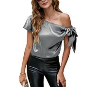 VIDUSSA Damen Bluse Elegant Sommer Schulterfrei Kurzarm Lässige Tops Seidig Satin Shirts Grau XS