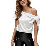 VIDUSSA Damen Bluse Elegant Sommer Schulterfrei Kurzarm Lässige Tops Seidig Satin Shirts Weiß S