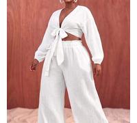 Vielseitiges Lässig All-Match Strand Elegant Set aus Langarm-Top mit Schleife und weiter Hose in Große Größen