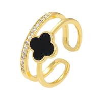 Vierblättriger Kleeblattring für Damen, Vierblättriger Kleeblatt-Blumenring für Damen, Glücksbringer-Vierblättriger Kleeblatt-Zirkonia, verstellbarer doppellagiger offener Ring (Black)