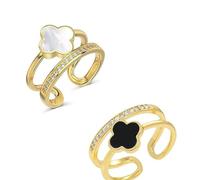 Vierblättriger Kleeblattring für Damen, Vierblättriger Kleeblatt-Blumenring für Damen, Glücksbringer-Vierblättriger Kleeblatt-Zirkonia, verstellbarer doppellagiger offener Ring (White+Black)