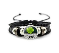 Vierblättriges Kleeblatt-Armband, verstellbar, geflochtenes Leder und Perlen, Armreif, 18 + 7 cm, irisches Kleeblatt, Glücksbringer, Schmuck, Geschenk für Damen, Herren, Paar, St. Patrick's Day