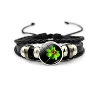 Vierblättriges Kleeblatt-Armband, verstellbar, geflochtenes Leder und Perlen, Armreif, 18 + 7 cm, irisches Kleeblatt, Glücksbringer, Schmuck, Geschenk für Damen, Herren, Paar, St. Patrick's Day