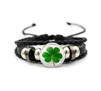 Vierblättriges Kleeblatt-Armband, verstellbar, geflochtenes Leder und Perlen, Armreif, 18 + 7 cm, irisches Kleeblatt, Glücksbringer, Schmuck, Geschenk für Damen, Herren, Paar, St. Patrick's Day