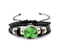Vierblättriges Kleeblatt-Armband, verstellbar, geflochtenes Leder und Perlen, Armreif, 18 + 7 cm, irisches Kleeblatt, Glücksbringer, Schmuck, Geschenk für Damen, Herren, Paar, St. Patrick's Day