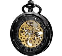 VIGOROSO Klassische Steampunk-Taschenuhr für Herren, goldfarben, Skelett, Handaufzug, mechanische Uhren in Box, Schwarz, Mechanisch