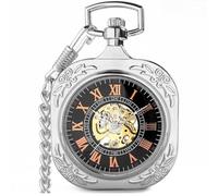 VIGOROSO Klassische Steampunk-Taschenuhr für Herren mit Kette, Skelett, Handaufzug, mechanische Taschenuhr für Damen und Herren, Quadratisches Silber, Retro