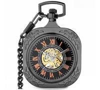 VIGOROSO Klassische Steampunk-Taschenuhr für Herren mit Kette, Skelett, Handaufzug, mechanische Taschenuhr für Damen und Herren, Quadratisch schwarz