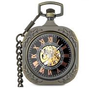 VIGOROSO Klassische Steampunk-Taschenuhr für Herren mit Kette, Skelett, Handaufzug, mechanische Taschenuhr für Damen und Herren, Quadratische Bronze