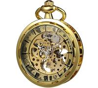 VIGOROSO Klassische Steampunk-Taschenuhr für Herren mit Kette, Skelett, Handaufzug, mechanische Taschenuhr für Damen und Herren, Gold, Goldfarben