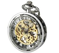 VIGOROSO Klassische Steampunk-Taschenuhr für Herren mit Kette, Skelett, Handaufzug, mechanische Taschenuhr für Damen und Herren, silber, Klassisch