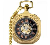 VIGOROSO Klassische Steampunk-Taschenuhr für Herren mit Kette, Skelett, Handaufzug, mechanische Taschenuhr für Damen und Herren, Quadrat Gold, Retro