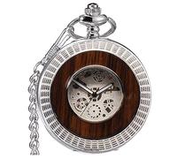 VIGOROSO Mechanische Taschenuhr für Herren, Vintage-Stil, Steampunk, Holzmaserung, hohles Design, mit Kette und Box, Silver Roman, Taschenuhr