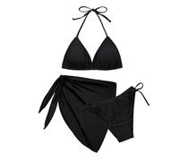 Vijamiy Bikini Damen Set 3 Teiliger Triangel Bikinis Push Up Neckholder Sexy Push Up V Ausschnitt Bademode mit Rock Swimsuit Set (Schwarz,L)
