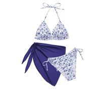 Vijamiy Bikini Damen Set 3 Teiliger Triangel Bikinis Push Up Neckholder Sexy Push Up V Ausschnitt Bademode mit Rock Swimsuit Set (Marineblau,S)