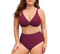 Vijamiy Bikini Damen Set Große Größen V Ausschnitt Push Up Zweiteiliger Badeanzug High Waist Bauchweg Bikini Große Oberweite Frauen Plus Size Swimsuit(Purpurrot,XL)
