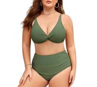 Vijamiy Bikini Damen Set Große Größen V Ausschnitt Push Up Zweiteiliger Badeanzug High Waist Bauchweg Bikini Große Oberweite Frauen Plus Size Swimsuit(Armeegrün,L)